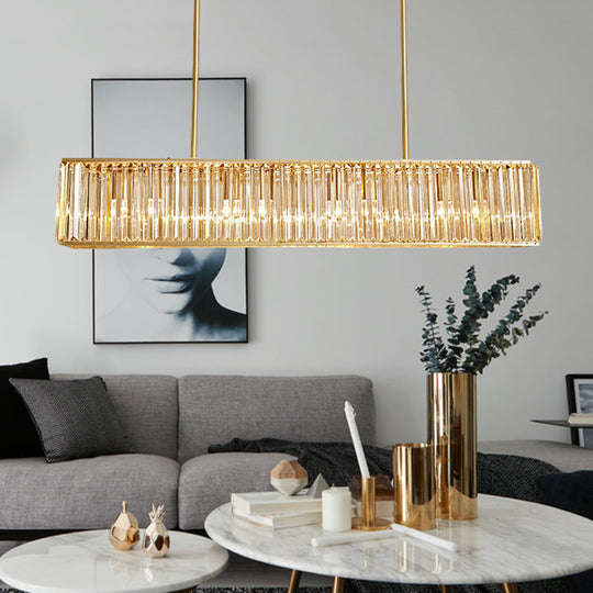 Modern Crystal Island Light Pendant Kit - 33.5" Long Rectangle, 3 Lights, Brass