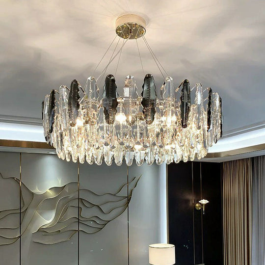 Modern Crystal Drum Chandelier - Clear Living Room Suspension Lighting Fixture