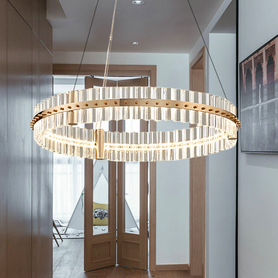 Golden LED Bedroom Pendant Light Kit with Minimalist Circular Clear Crystal Chandelier
