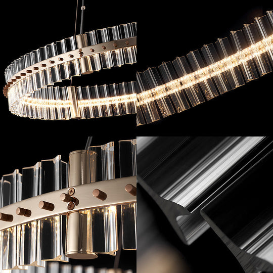 Golden LED Bedroom Pendant Light Kit with Minimalist Circular Clear Crystal Chandelier