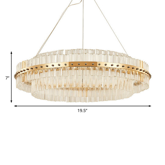 Contemporary Crystal LED Gold Chandelier - 19.5" Diameter, 2-Tier, Adjustable Hanging Cords