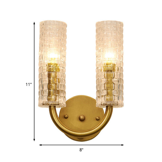 Modern Brass Tubular Flush Mount Wall Sconce with Crystal Accents: 2-Light Fixture & Curved Arm