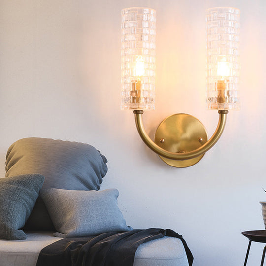 Modern Brass Tubular Flush Mount Wall Sconce with Crystal Accents: 2-Light Fixture & Curved Arm
