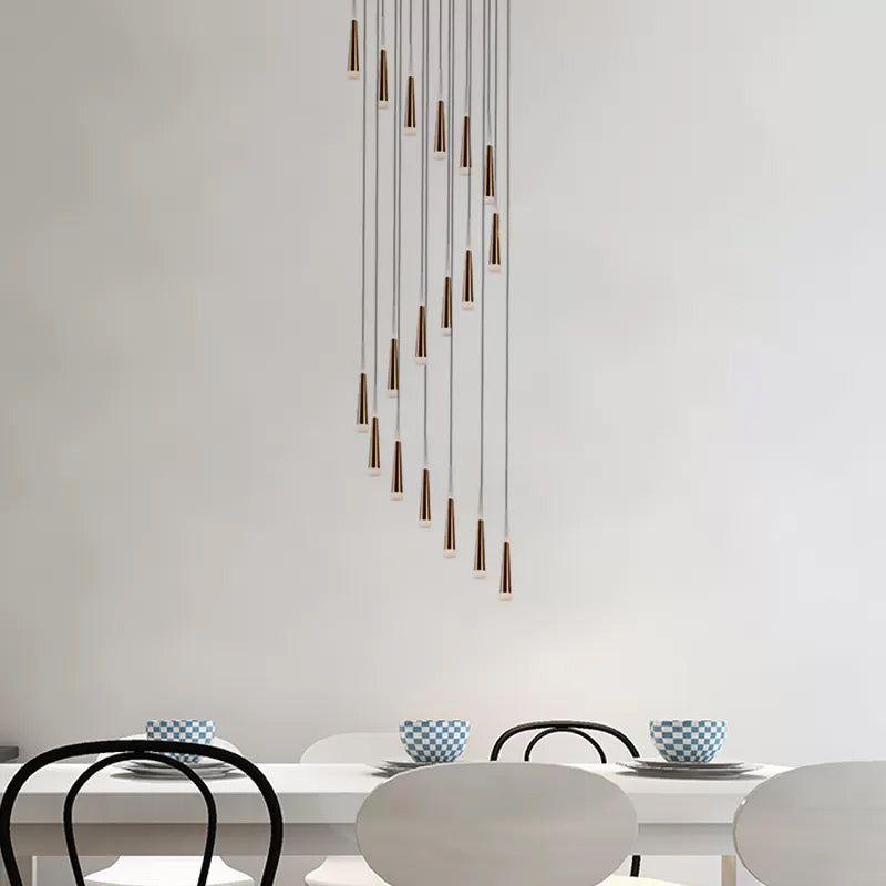 Spiral Design Gold Cone Pendant Light Fixture with 19 Minimalist Acrylic Bulbs - Stair Multi Lamp