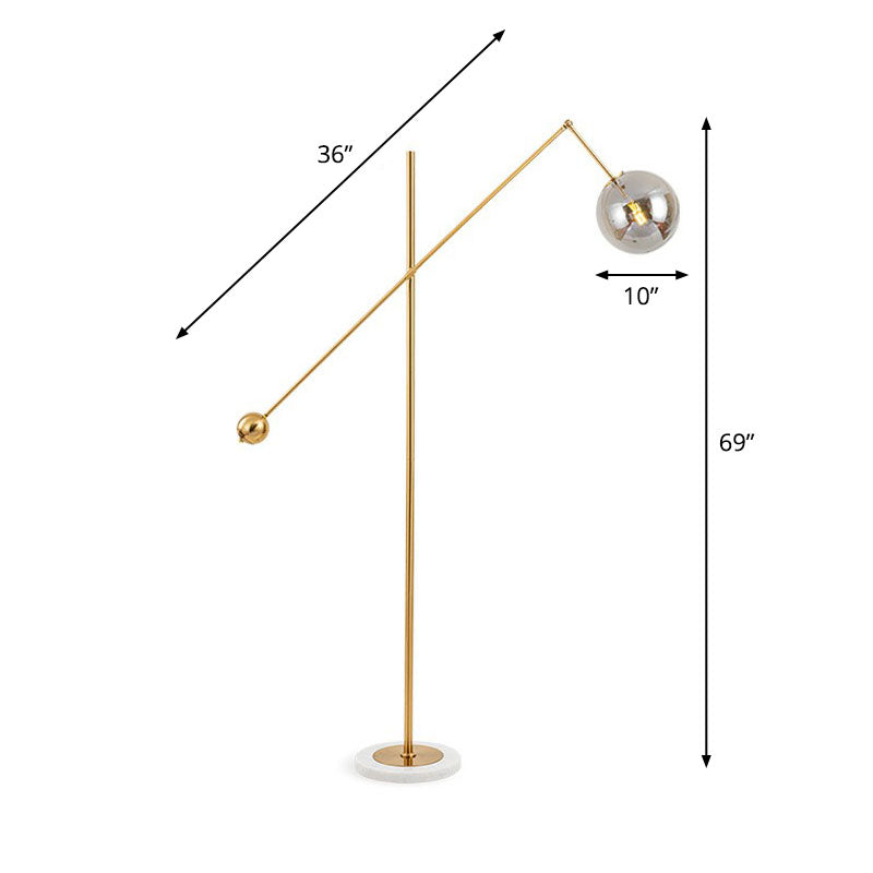 Postmodern Brass Plated Balance Arm Floor Lamp with Glass Spherical Shade - Stylish Metal Stand-Up Light, 1-Light