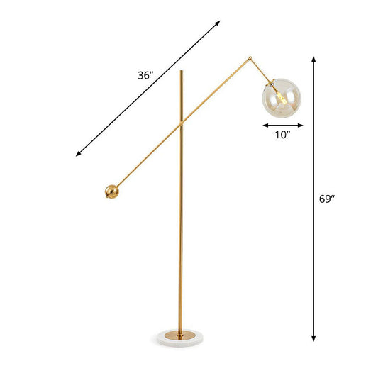 Postmodern Brass Plated Balance Arm Floor Lamp with Glass Spherical Shade - Stylish Metal Stand-Up Light, 1-Light