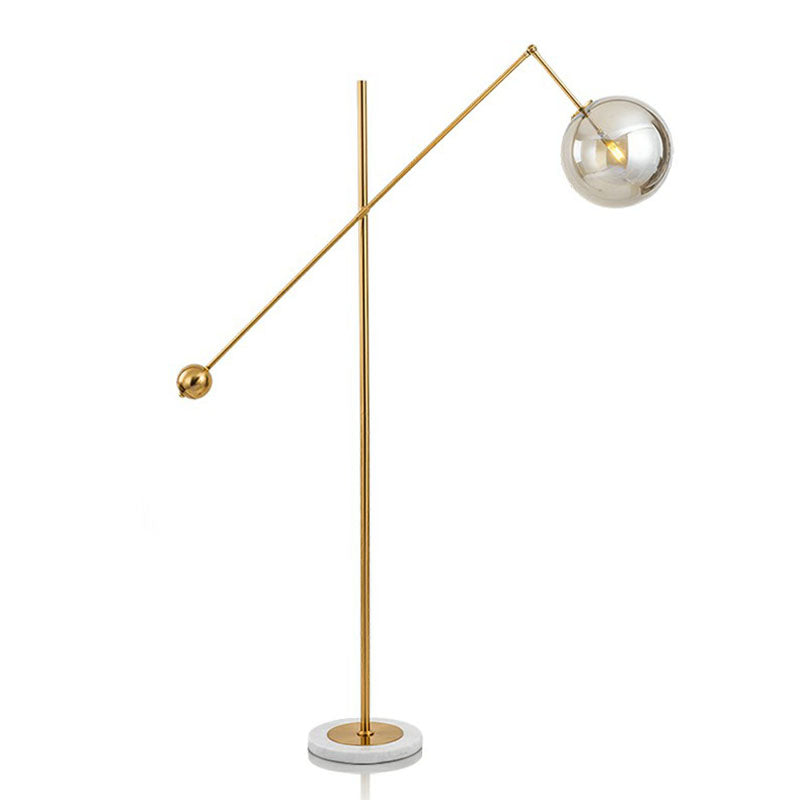 Postmodern Brass Plated Balance Arm Floor Lamp with Glass Spherical Shade - Stylish Metal Stand-Up Light, 1-Light
