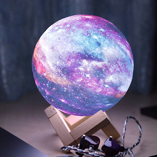 Galaxy Sphere Night Lamp: Purple Kids LED Table Light with Wooden Base