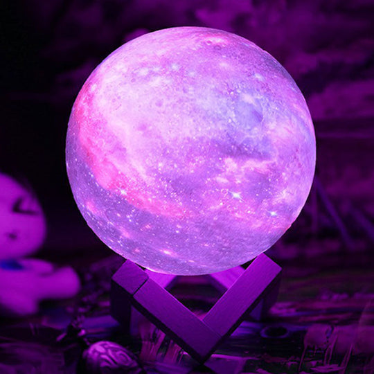 Galaxy Sphere Night Lamp: Purple Kids LED Table Light with Wooden Base