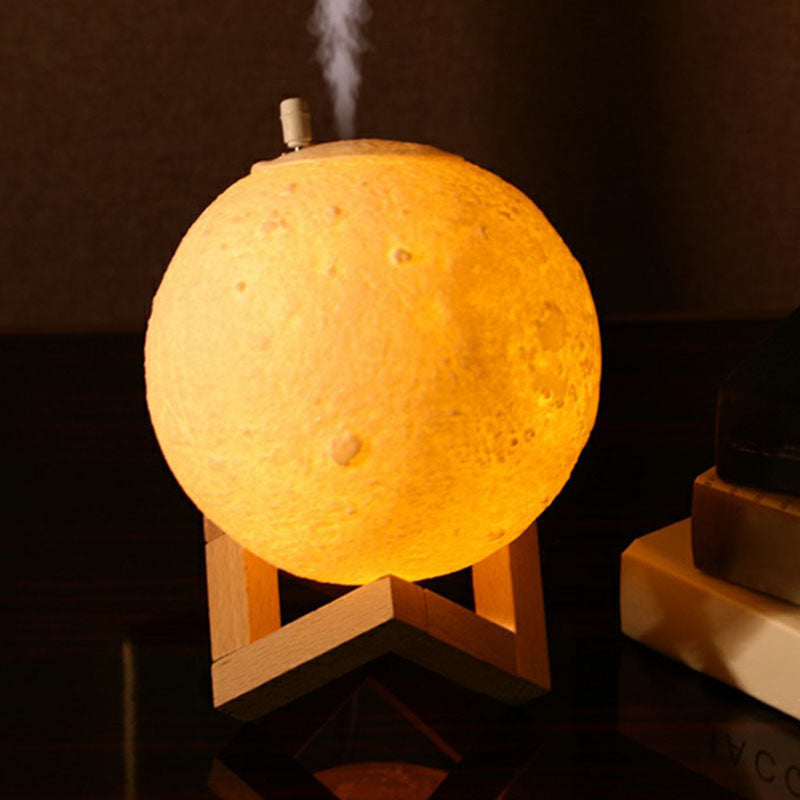 Modern White Moon LED Night Light Humidifier with Wooden Stand - Table Light