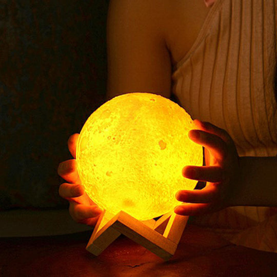 Modern White Moon LED Night Light Humidifier with Wooden Stand - Table Light