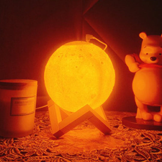 Modern White Moon LED Night Light Humidifier with Wooden Stand - Table Light