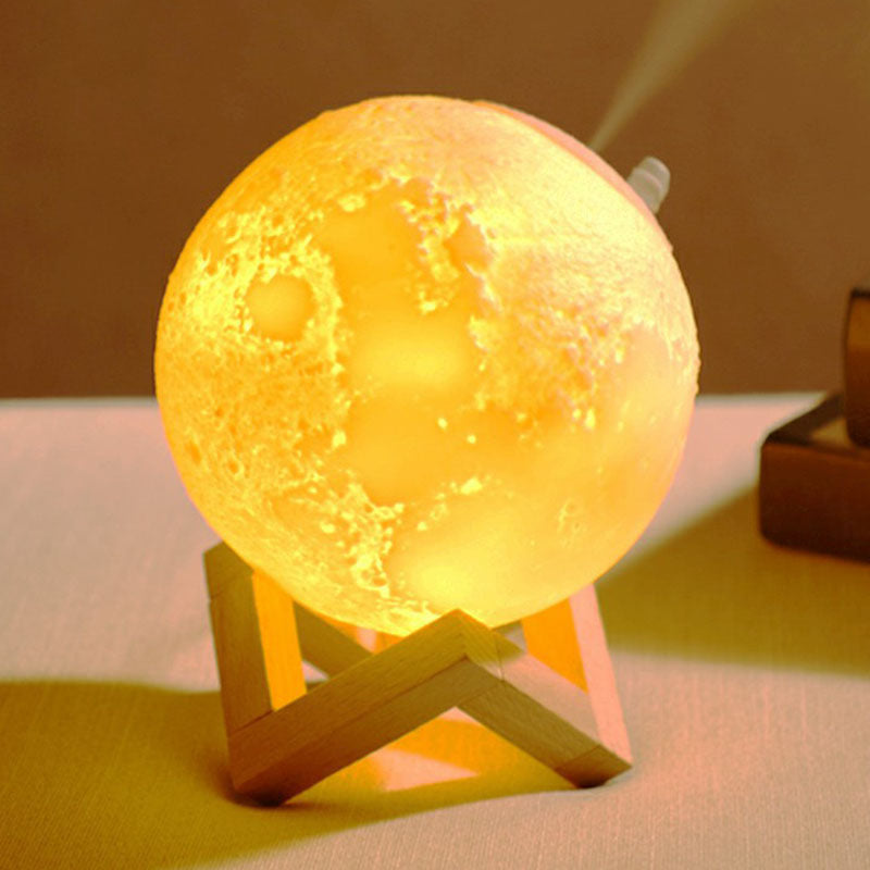 Modern White Moon LED Night Light Humidifier with Wooden Stand - Table Light