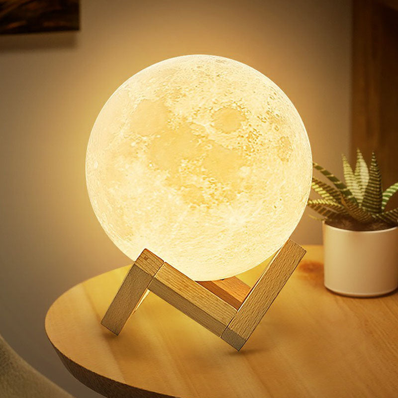 Nordic White LED Nightstand Lamp: Plastic 3D Moon Globe with Wooden Bracket
