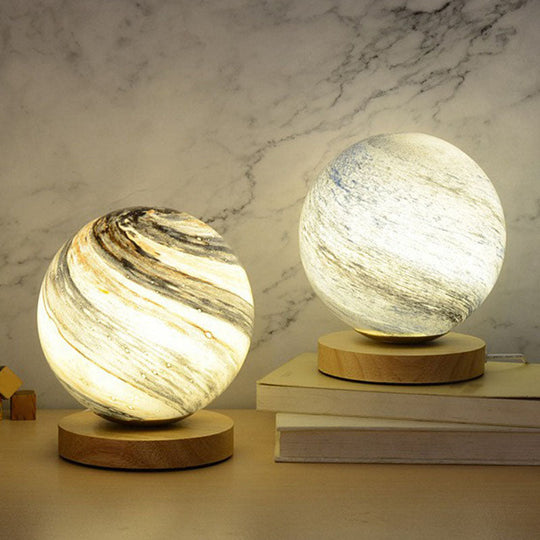 Mini Glass Planet Night Light with Wooden Base - Post-Modern Table Lamp