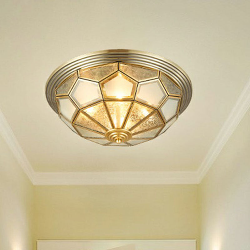 Colonial Style Dome Aisle Ceiling Light - Brass Flush Mount Lamp with Frosted Glass