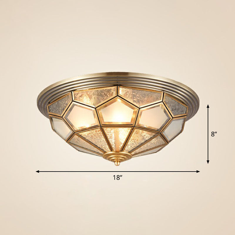 Colonial Style Dome Aisle Ceiling Light - Brass Flush Mount Lamp with Frosted Glass