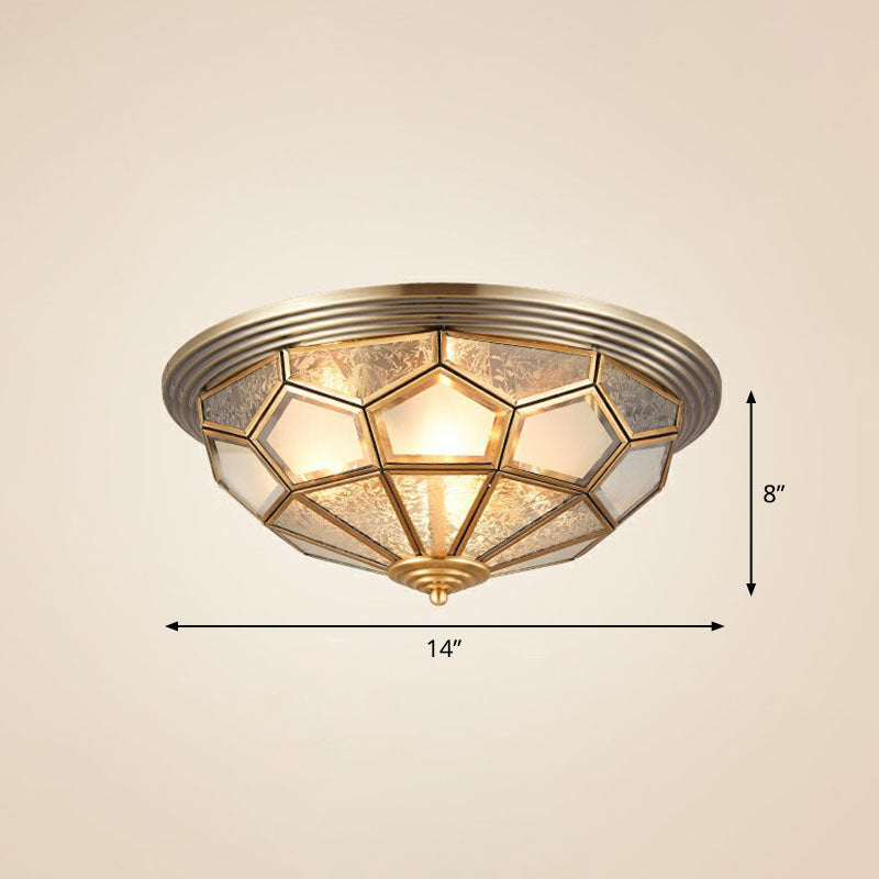 Colonial Style Dome Aisle Ceiling Light - Brass Flush Mount Lamp with Frosted Glass