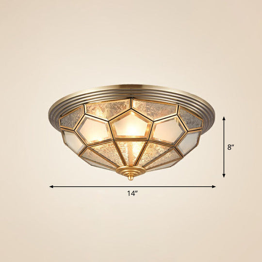 Colonial Style Dome Aisle Ceiling Light - Brass Flush Mount Lamp with Frosted Glass