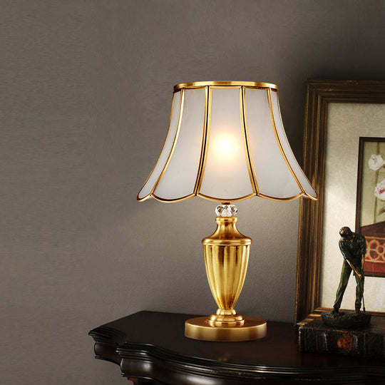 1-Light Beveled Glass Flower Table Lamp in Brass for Minimalistic Bedside Styling