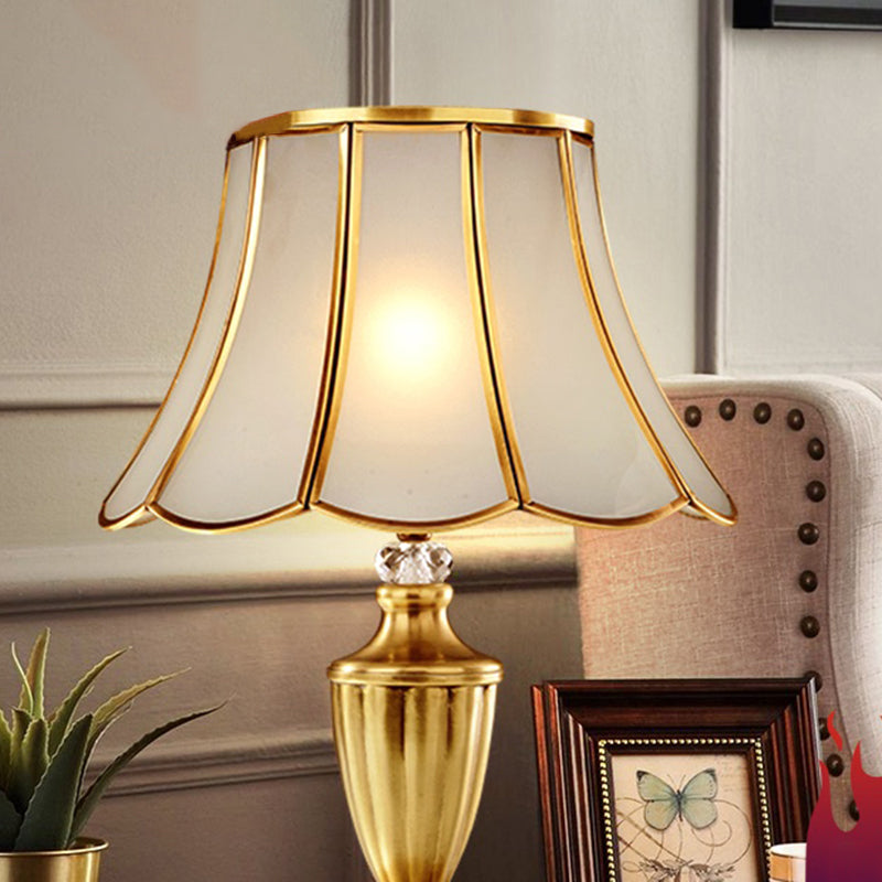 1-Light Beveled Glass Flower Table Lamp in Brass for Minimalistic Bedside Styling
