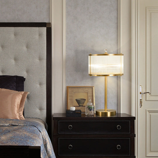 Modern Brass Nightstand Lamp for Bedside - Clear Glass Rod Drum Shade Table Light with 1 Bulb