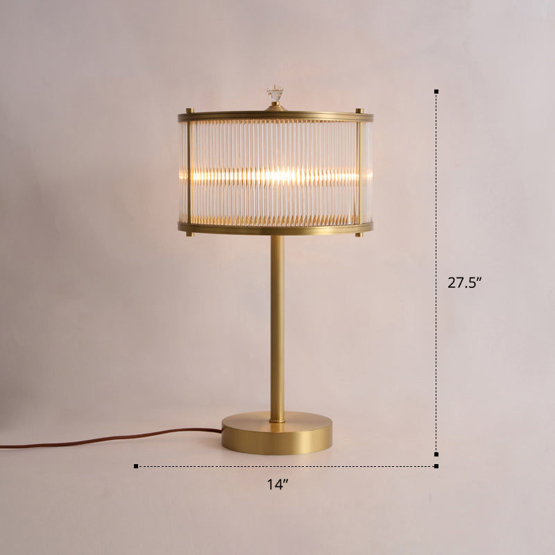 Modern Brass Nightstand Lamp for Bedside - Clear Glass Rod Drum Shade Table Light with 1 Bulb