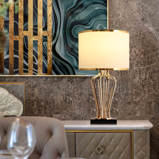 Traditional Single Brass Table Light with Drum Shade for Living Room Nightstand