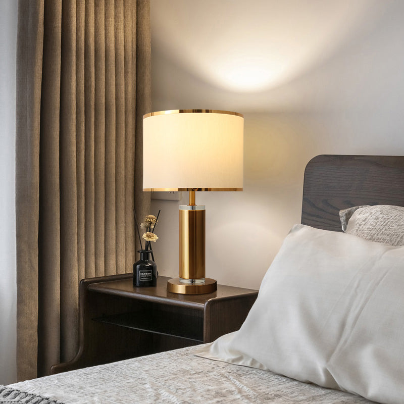 Minimalist Fabric Cylinder Table Lamp: 1-Light Brass Nightstand Lighting with Drum Shade