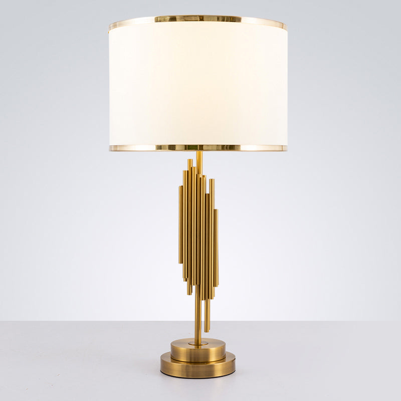 Brass Fabric Drum Nightstand Lamp - Simplistic 1 Bulb Lighting for Living Room Tables