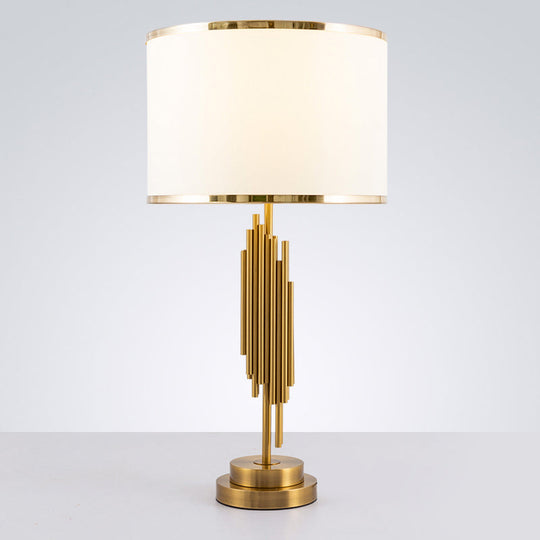 Brass Fabric Drum Nightstand Lamp - Simplistic 1 Bulb Lighting for Living Room Tables