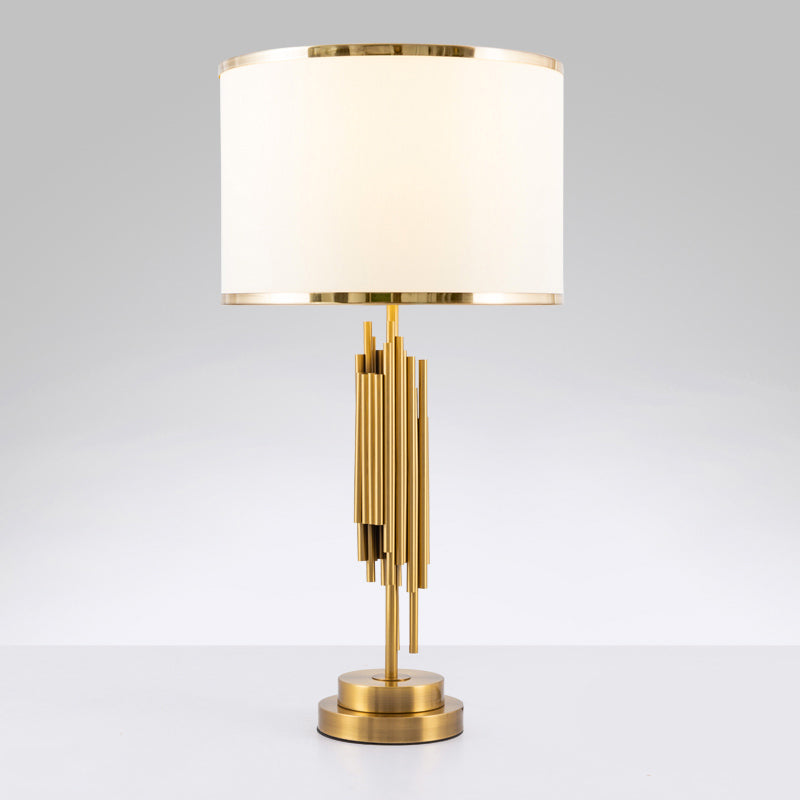 Brass Fabric Drum Nightstand Lamp - Simplistic 1 Bulb Lighting for Living Room Tables