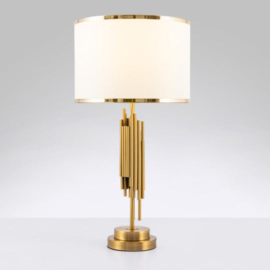 Brass Fabric Drum Nightstand Lamp - Simplistic 1 Bulb Lighting for Living Room Tables