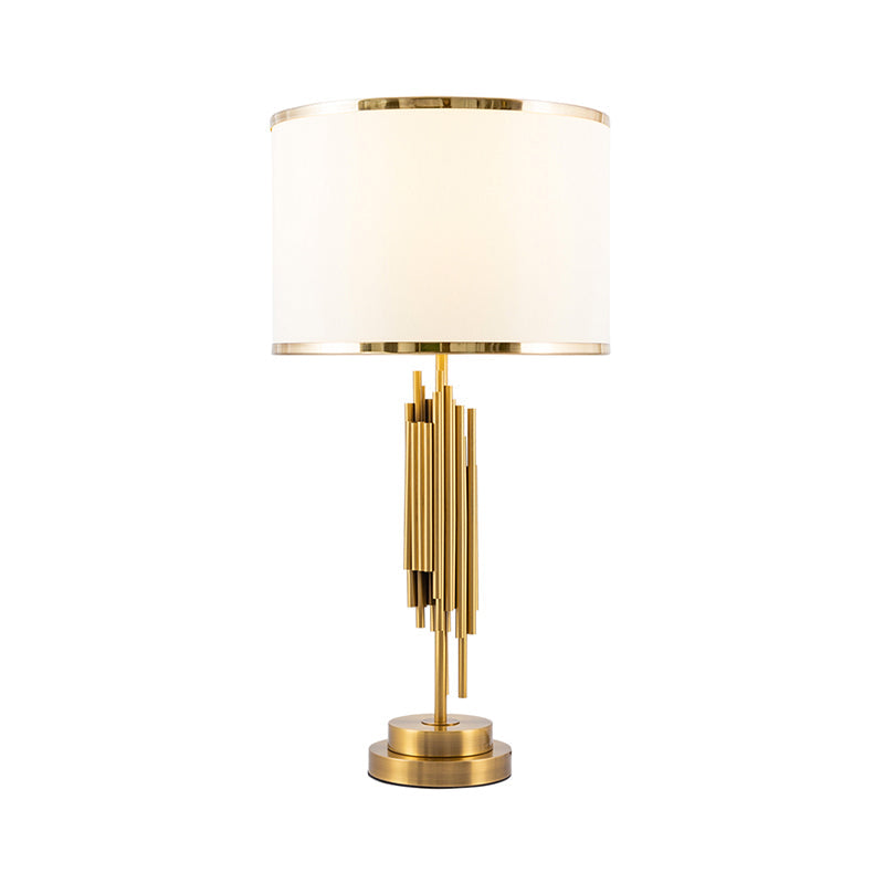 Brass Fabric Drum Nightstand Lamp - Simplistic 1 Bulb Lighting for Living Room Tables