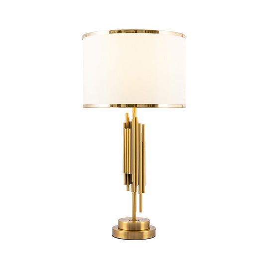 Brass Fabric Drum Nightstand Lamp - Simplistic 1 Bulb Lighting for Living Room Tables