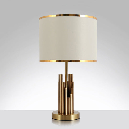 Minimalist Fabric Round Shade Table Lamp - 1 Light Brass Nightstand Lighting for Study Room