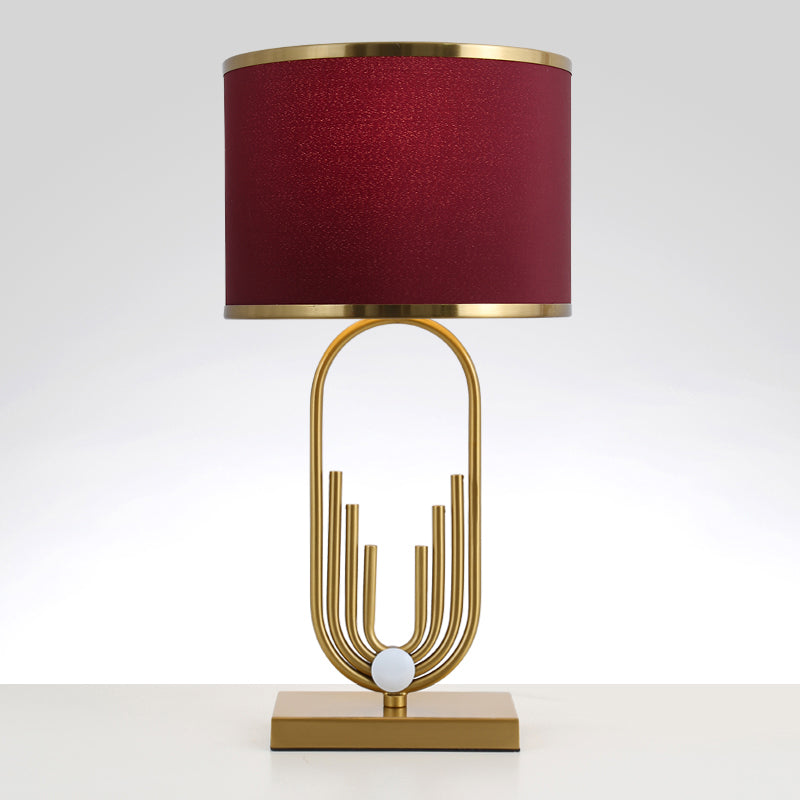 Red Fabric Drum Nightstand Lamp: Simplicity 1 Bulb Bedside Table Lighting for Living Room