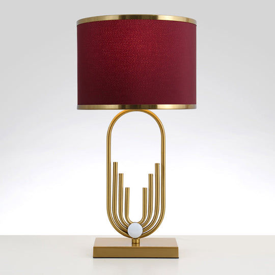 Red Fabric Drum Nightstand Lamp: Simplicity 1 Bulb Bedside Table Lighting for Living Room