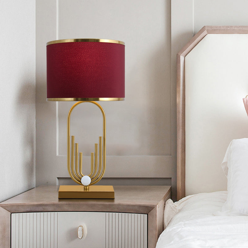 Red Fabric Drum Nightstand Lamp: Simplicity 1 Bulb Bedside Table Lighting for Living Room