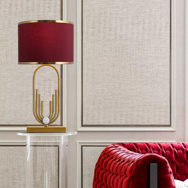 Red Fabric Drum Nightstand Lamp: Simplicity 1 Bulb Bedside Table Lighting for Living Room