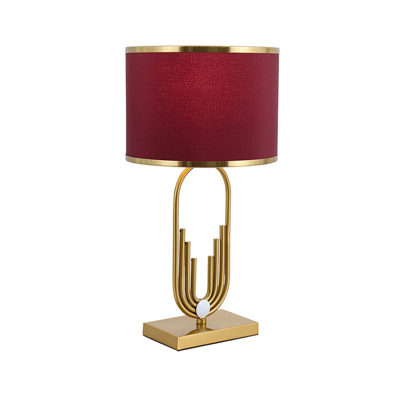 Red Fabric Drum Nightstand Lamp: Simplicity 1 Bulb Bedside Table Lighting for Living Room