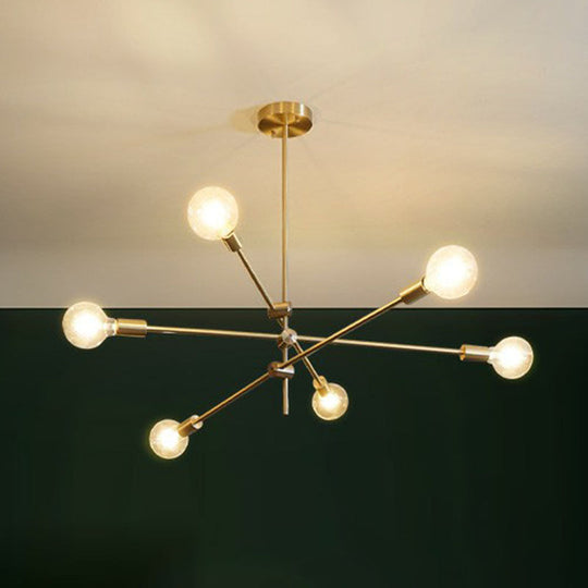 Modern Rotating Arm Chandelier - Sleek Metallic Living Room Ceiling Lamp with Open Bulb Design