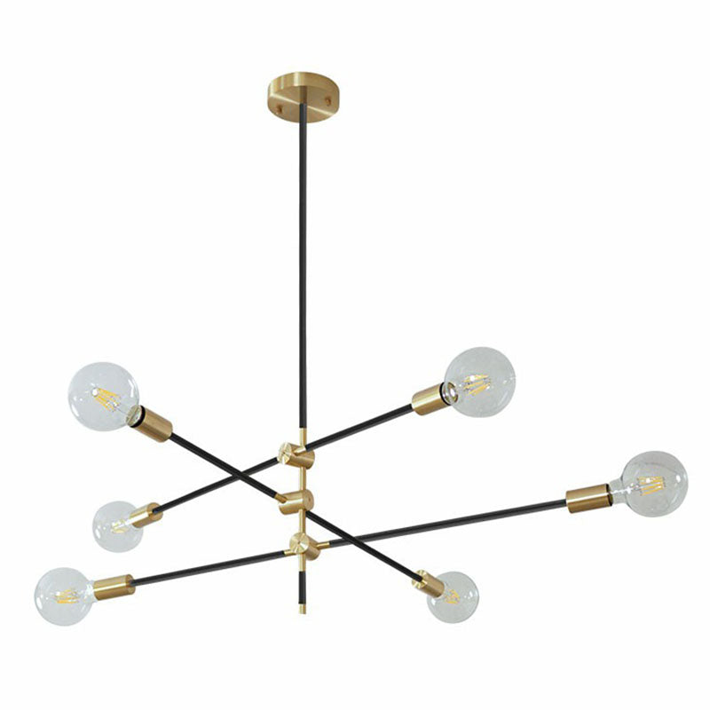 Modern Rotating Arm Chandelier - Sleek Metallic Living Room Ceiling Lamp with Open Bulb Design