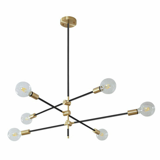 Modern Rotating Arm Chandelier - Sleek Metallic Living Room Ceiling Lamp with Open Bulb Design