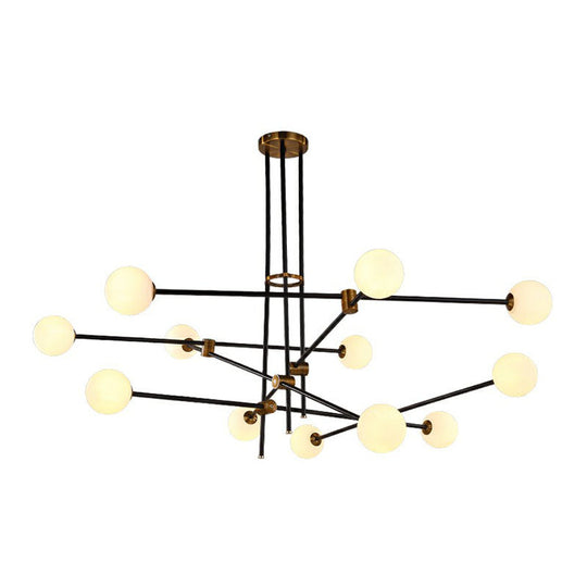 Sleek Black Metal Linear Chandelier with Ball White Glass Shade - Perfect for Living Room Pendant Lighting