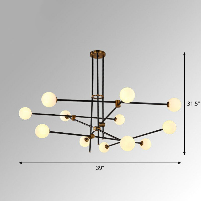 Sleek Black Metal Linear Chandelier with Ball White Glass Shade - Perfect for Living Room Pendant Lighting