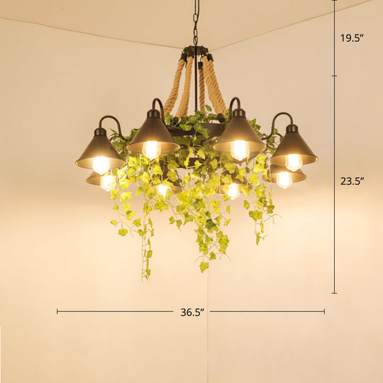 Conical Iron Chandelier - 8-Head Dining Room Hanging Lamp with Vine Decor - Warehouse Styling