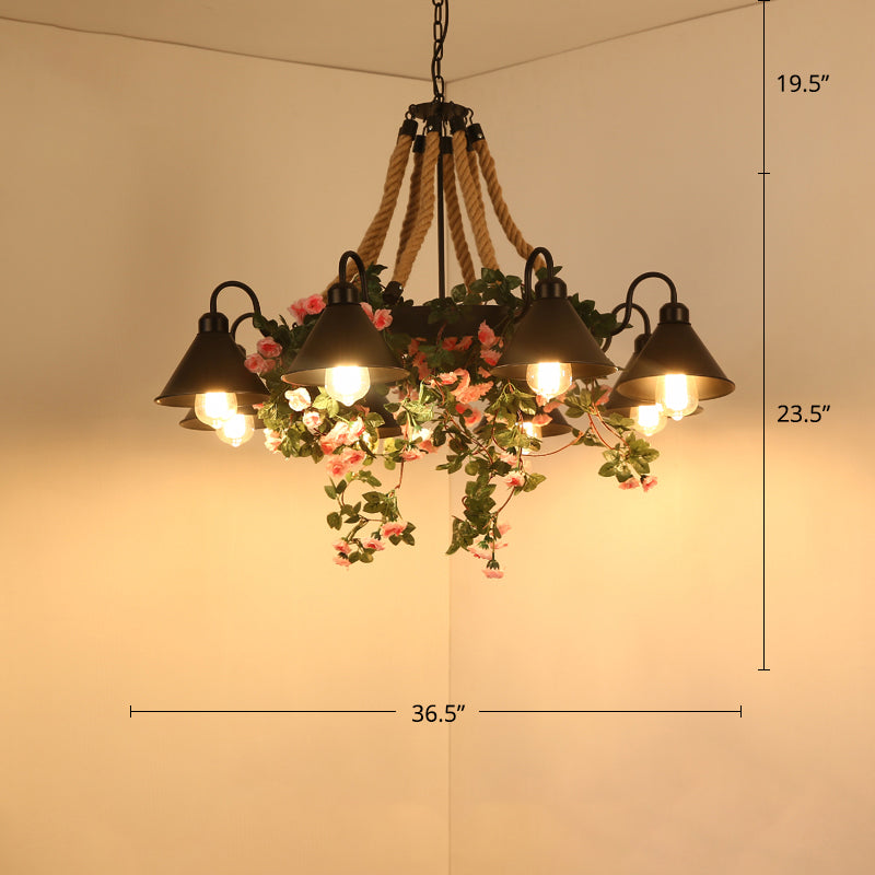 Conical Iron Chandelier - 8-Head Dining Room Hanging Lamp with Vine Decor - Warehouse Styling