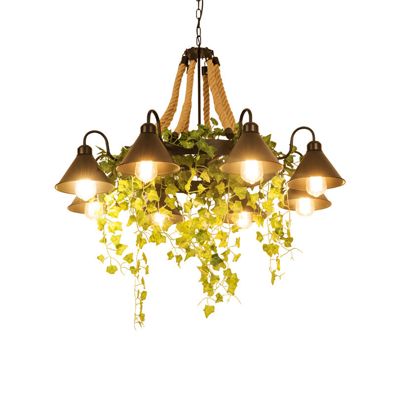 Conical Iron Chandelier - 8-Head Dining Room Hanging Lamp with Vine Decor - Warehouse Styling