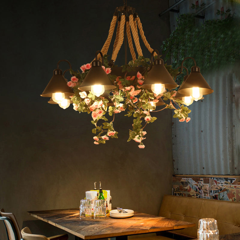 Conical Iron Chandelier - 8-Head Dining Room Hanging Lamp with Vine Decor - Warehouse Styling